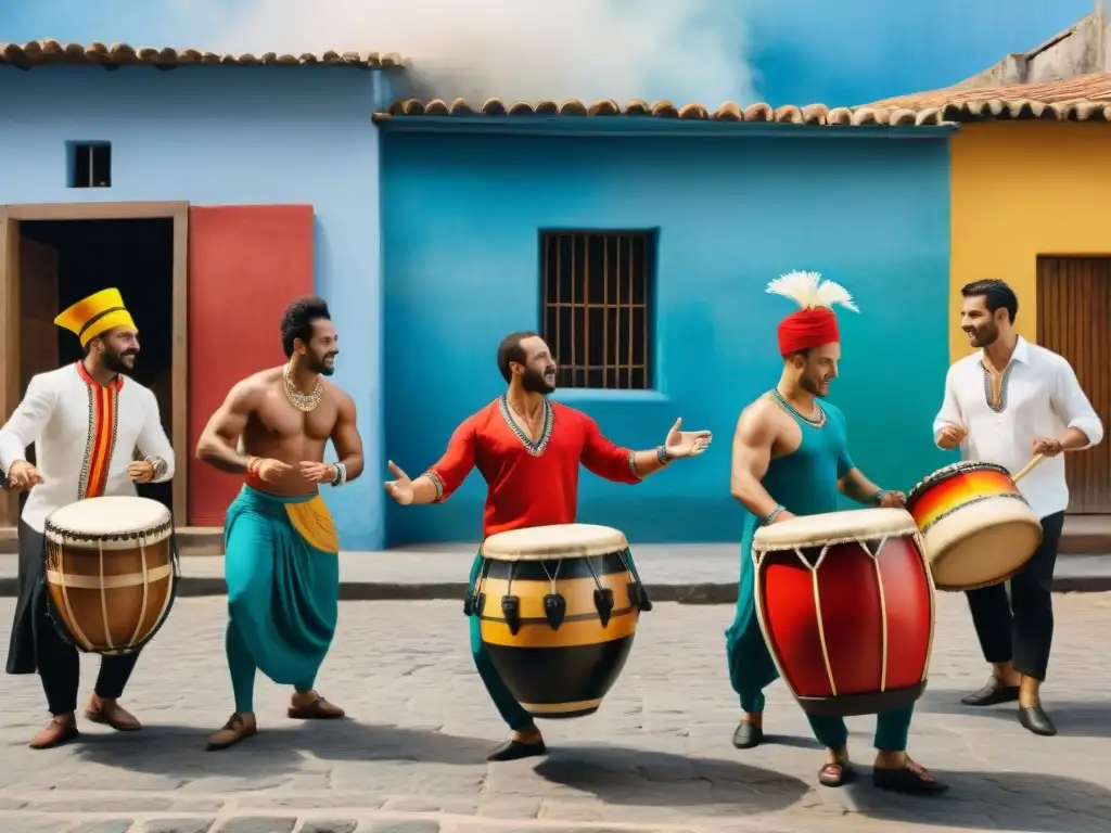 Vibrante taller de Candombe en Uruguay: ilustración detallada en acuarela Vibrante ilustración detallada en acuarela de un Taller de candombe en Uruguay, con tambores, trajes coloridos y baile energético