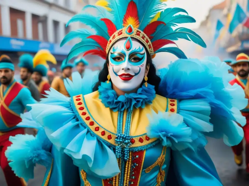 Vibrante Carnaval de Montevideo: Detalles Acuarela Una vibrante ilustración acuarela detallada del lujo y la celebración del Carnaval Uruguayo