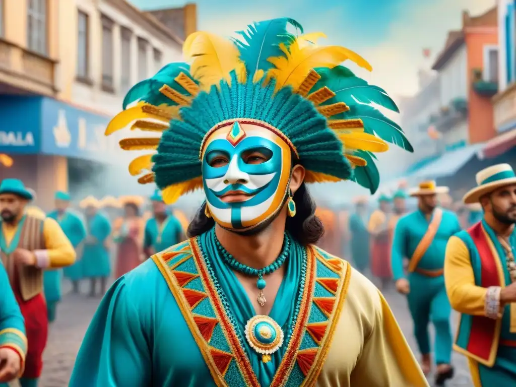 Vibrante Carnaval Uruguayo: Ilustración detallada en acuarela Un vibrante y detallado mercadillo del Carnaval Uruguayo, lleno de color y alegría en una conexión anual