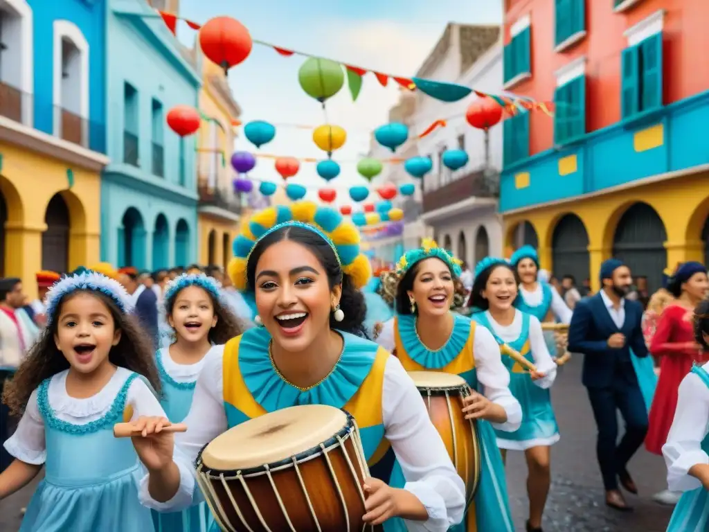 Colorida celebración del carnaval uruguayo en Montevideo Un vibrante dibujo acuarela de niños tocando instrumentos de carnaval uruguayo, rodeados de streamers y confeti, en Montevideo
