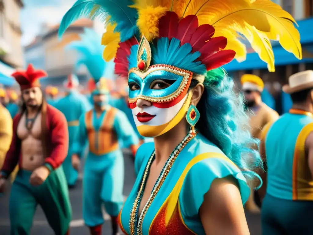 Carnaval Uruguayo: Desfile colorido y festivo Una ilustración acuarela vibrante de diseñadores emergentes en el Carnaval Uruguayo, con detalles coloridos y festivos