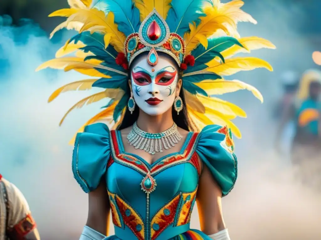 Colorido diseño de disfraz de carnaval uruguayo Un vibrante diseño de traje de carnaval uruguayo con motivos tradicionales y colores brillantes