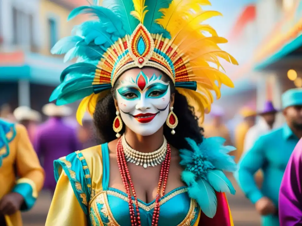 Carnaval de Uruguay: Celebración colorida y diversa Un vibrante diseño de vestuario Carnaval Uruguayo en una ilustración de acuarela que celebra la diversidad y la alegría festiva