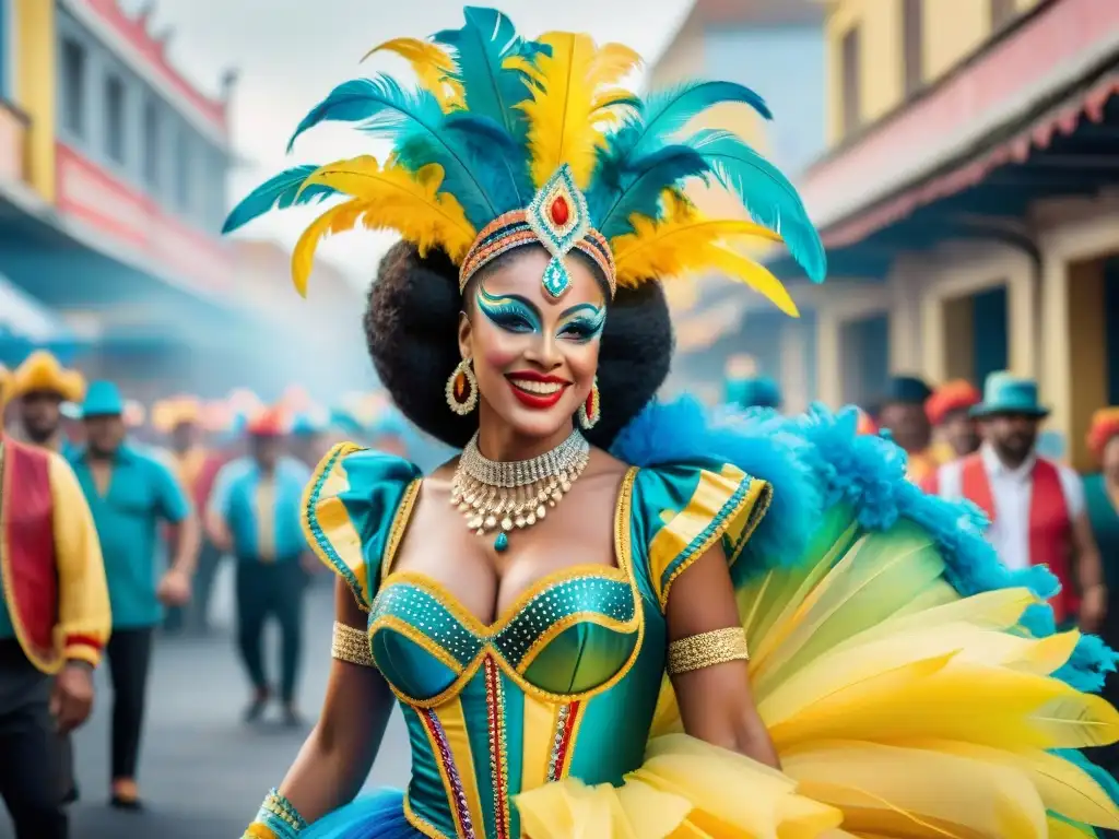 Vibrante carnaval en Uruguay: colores y tradiciones Un vibrante diseño de vestuario Carnaval Uruguayo en ilustración acuarela
