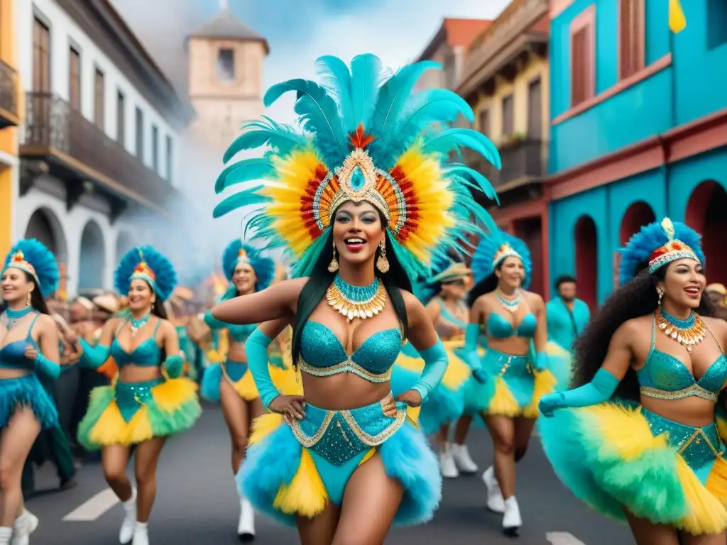 Desfile de Carnaval Uruguayo: Celebración colorida y diversa Vibrante diseño de vestuario Carnaval Uruguayo, diversidad y alegría en desfile callejero