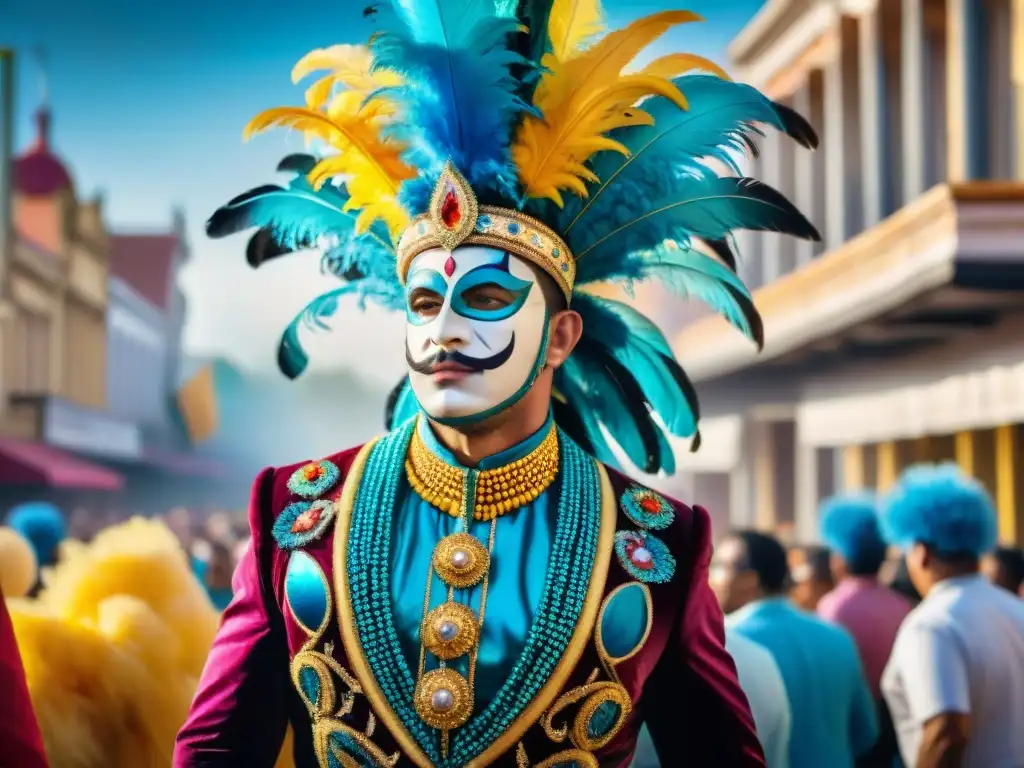 Traje de carnaval uruguayo: colorido y detallado Un vibrante diseño de vestuario Carnaval Uruguayo con detalles intrincados y colorida decoración en un desfile festivo
