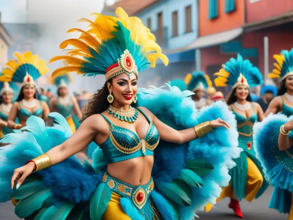 Baile de Carnaval en Uruguay: Celebración colorida y vibrante Un vibrante diseño de vestuario de Carnaval: bailarines con trajes y plumas en un desfile uruguayo lleno de color y alegría