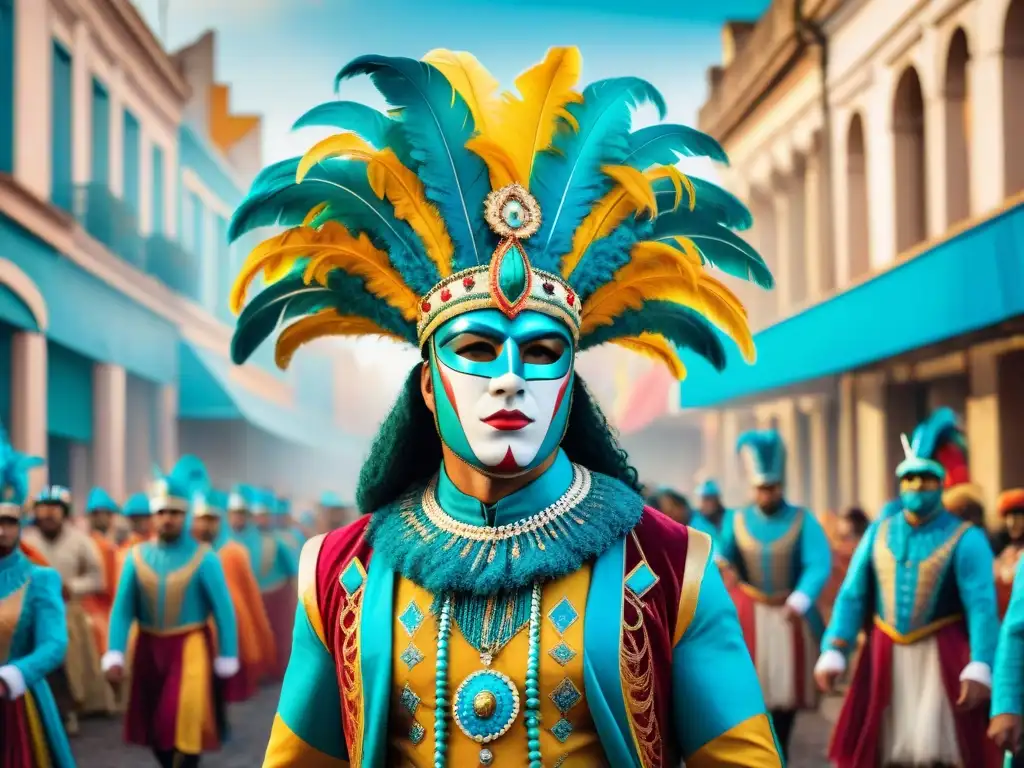 Desfile de Carnaval en Uruguay: Tradición vs Una ilustración acuarela vibrante que muestra la evolución del disfraz en Carnaval Uruguayo, desde lo tradicional a lo contemporáneo