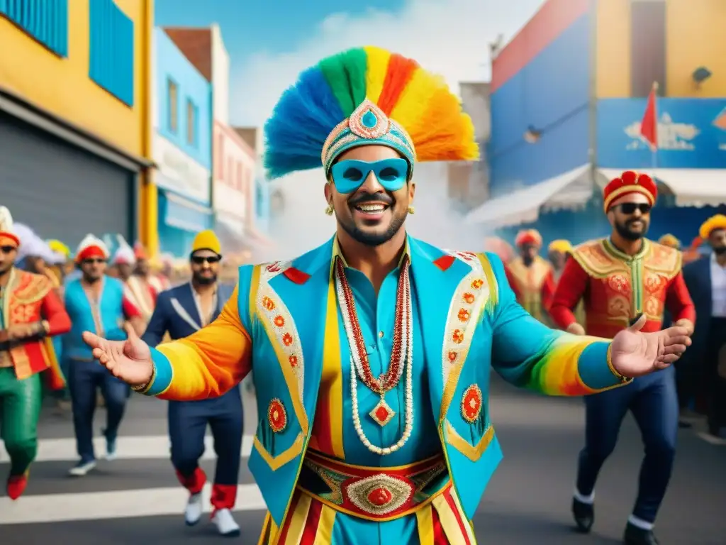 Traje urbano en Carnaval de Uruguay: fusión vibrante Un vibrante disfraz de streetwear en pleno Carnaval de Uruguay