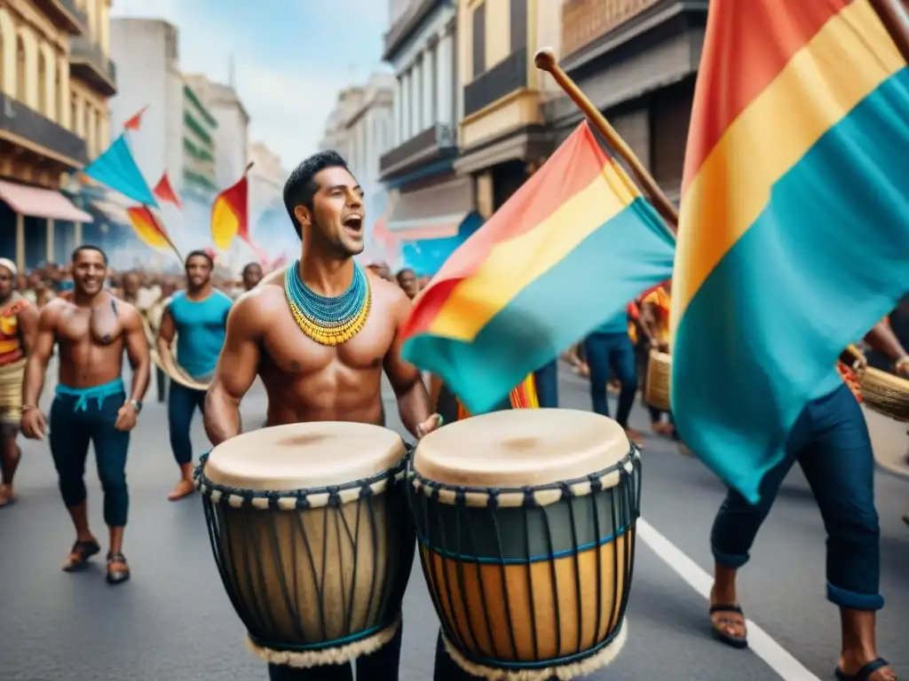 Celebración vibrante del candombe en Uruguay: diversidad de edades y culturas tocando tambores AfroUruguayos en desfile callejero colorido