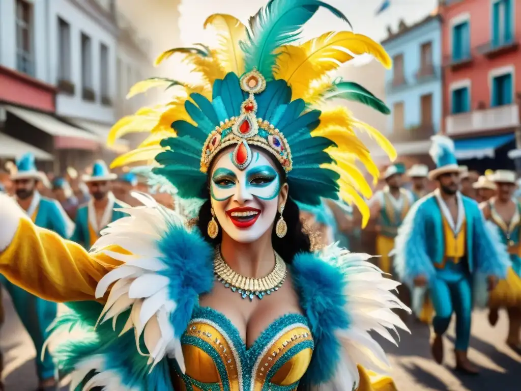 Vibrante Carnaval en Uruguay: Detalles en acuarela Vibrante fotografía documental del Carnaval Uruguayo con bailarines coloridos y multitud animada