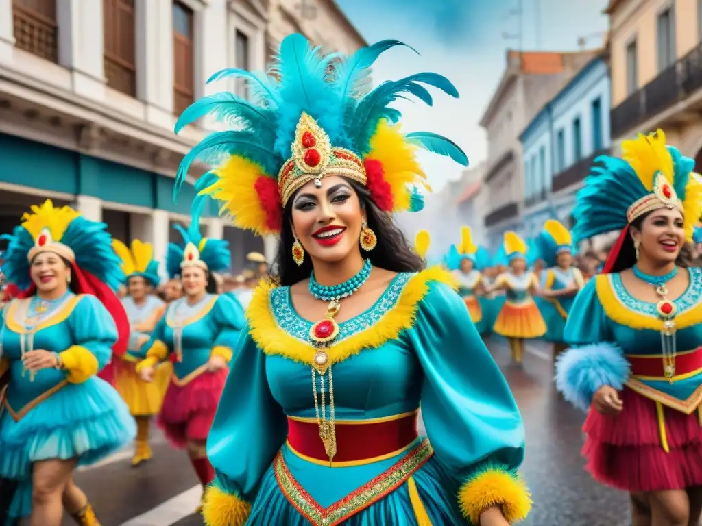 Pintura acuarela del Carnaval Uruguayo: colores vibrantes y energía festiva Vibrante fotografía documental del Carnaval Uruguayo, con deslumbrantes colores y energía festiva