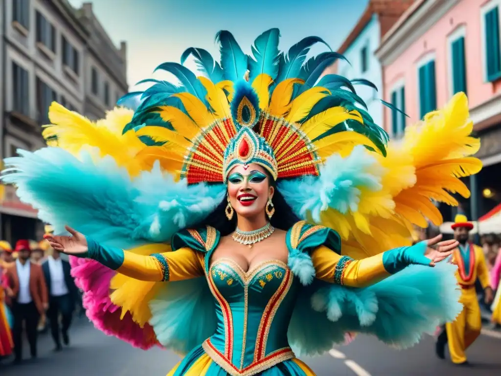 Carnaval en Uruguay: Caos vibrante en acuarela Vibrante fotografía documental del Carnaval Uruguayo, capturando la energía y el colorido de la celebración