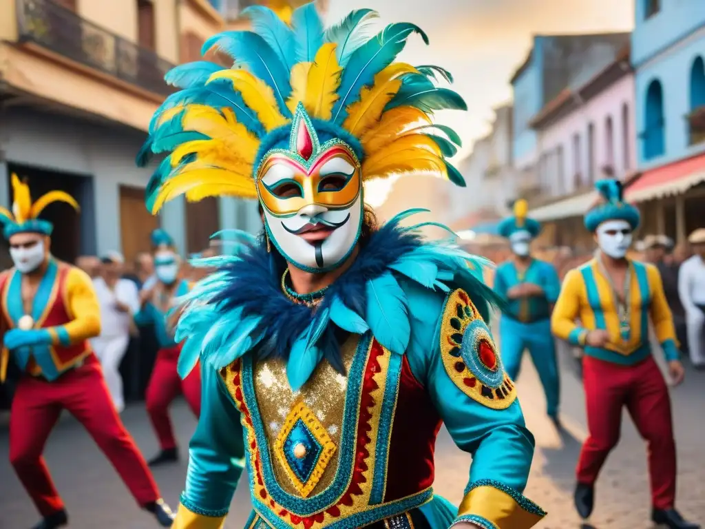 Majestuosos trajes de carnaval en Uruguay Un vibrante documental visual del Carnaval Uruguayo con trajes elaborados, máscaras eufóricas y una explosión de colores y energía festiva
