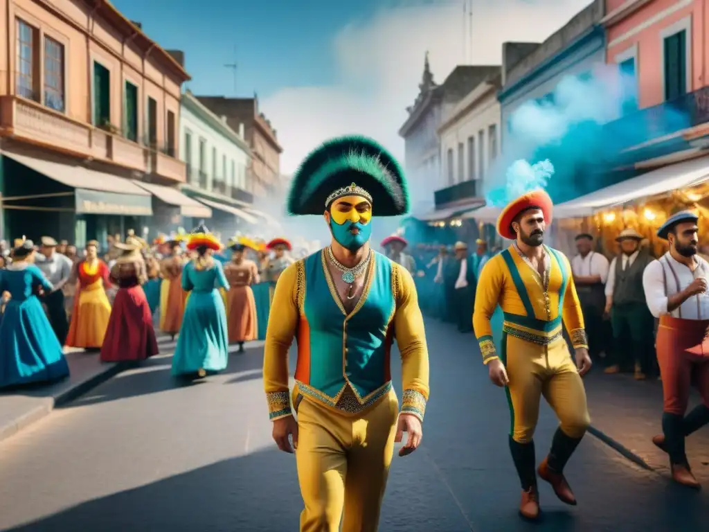 Acuarela detallada de murgas en Montevideo durante el carnaval Un vibrante ensayo de preparación de actos de murgas en Montevideo durante la temporada de carnaval en Uruguay