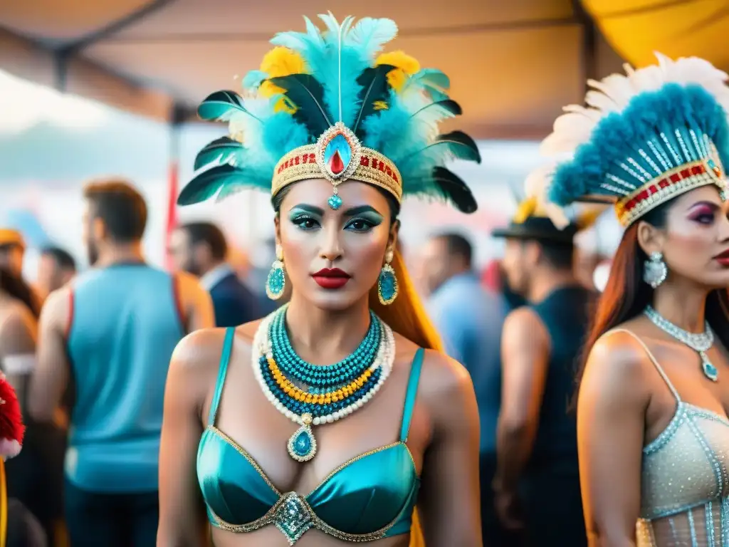 Bastidores vibrantes del Carnaval uruguayo: pintura acuarela Vibrante escena tras bambalinas en Carnaval Uruguayo