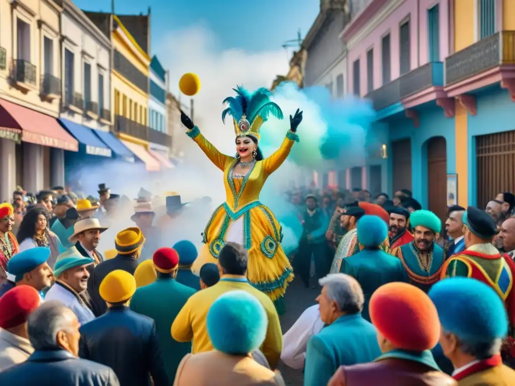 Vibrante escena callejera del Carnaval Uruguayo con detalles coloridos y energía festiva