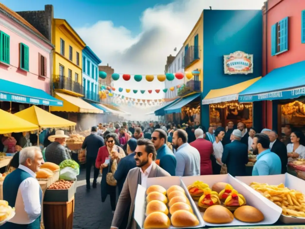 Vibrante escena callejera del Carnaval en Uruguay con platos típicos y ambiente festivo