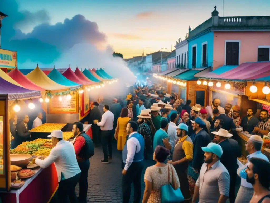 Escena vibrante de Carnaval en Uruguay: Food trucks y diversión Vibrante escena callejera en Carnaval Uruguay con food trucks decorados