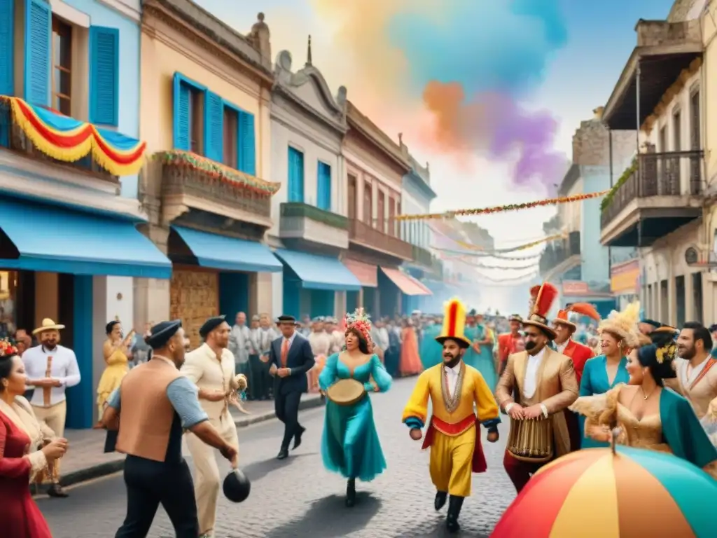 Exuberante carnaval uruguayo: desfile colorido y festivo Vibrante escena callejera del Carnaval uruguayo con murgas y política en acuarela detallada