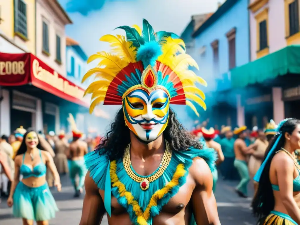 Vibrante Carnaval en Uruguay: Escena callejera detallada Vibrante escena callejera del Carnaval en Uruguay, con coloridos trajes y bailarines energéticos