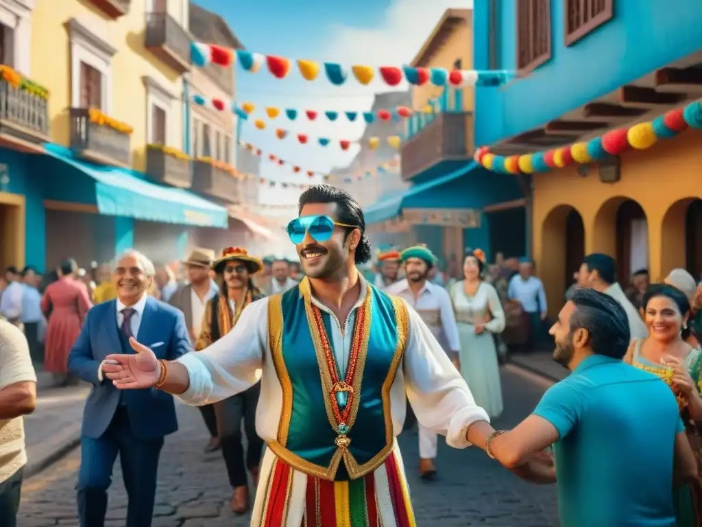 Callejón vibrante en el Carnaval Uruguayo Una vibrante escena callejera del Carnaval Uruguayo, donde la tradición y la historia cobran vida en coloridos trajes y máscaras