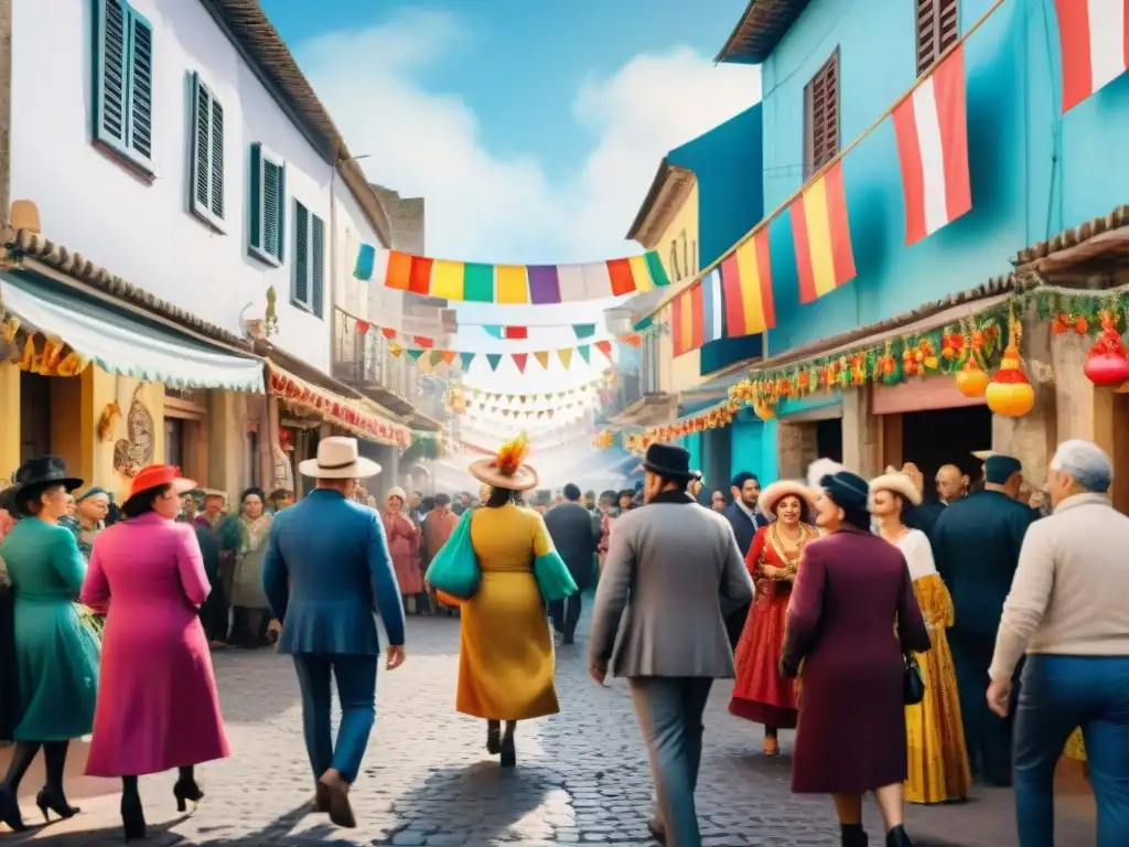 Colorido Carnaval en Uruguay: trajes tradicionales y alegría en las calles Vibrante escena callejera en Carnaval Uruguayo con trajes artesanales y música alegre