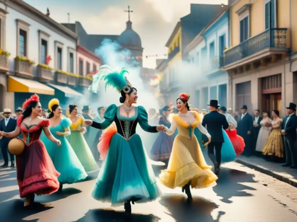 Carnaval en Uruguay: Ilustración acuarela de escena callejera del 1900 Vibrante escena callejera del Carnaval en Uruguay, evocando la evolución de las celebraciones