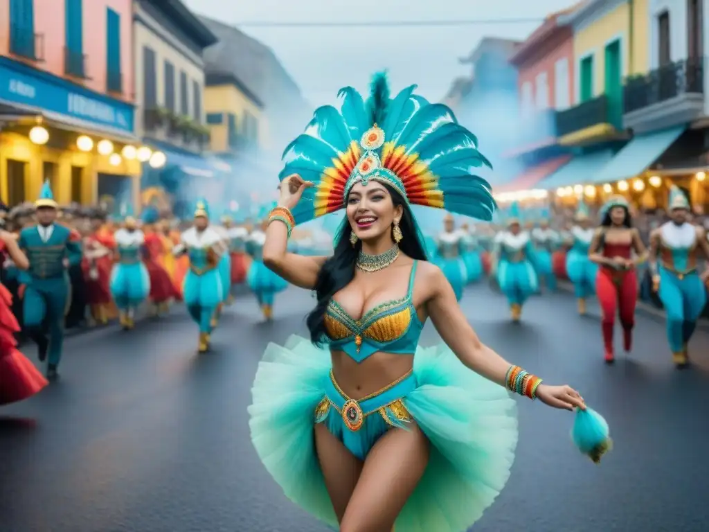 Pintura acuarela del Carnaval en Uruguay: color y movimiento Vibrante escena callejera del Carnaval en Uruguay, con carrozas coloridas y bailarines en trajes elaborados