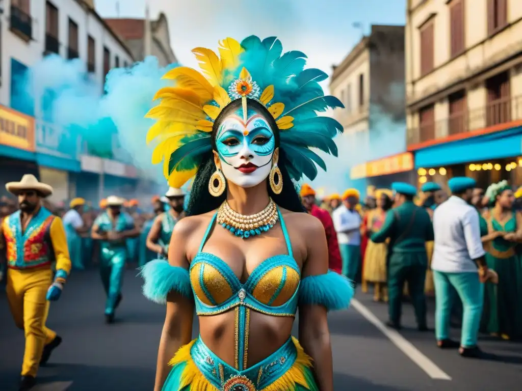 Vibrante Carnaval Uruguayo: Detalles en Acuarela Vibrante escena callejera del Carnaval Uruguayo en acuarela detallada con arte callejero y danzantes energéticos