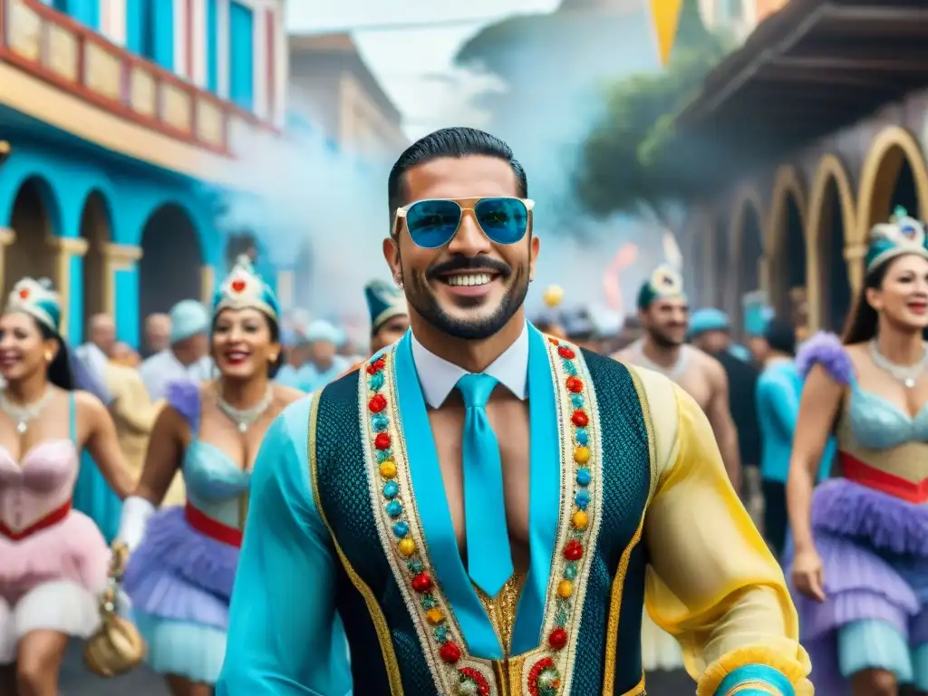 Colorido carnaval uruguayo: una celebración vibrante y festiva Una vibrante escena de carnaval en Uruguay con artistas, música y espectadores