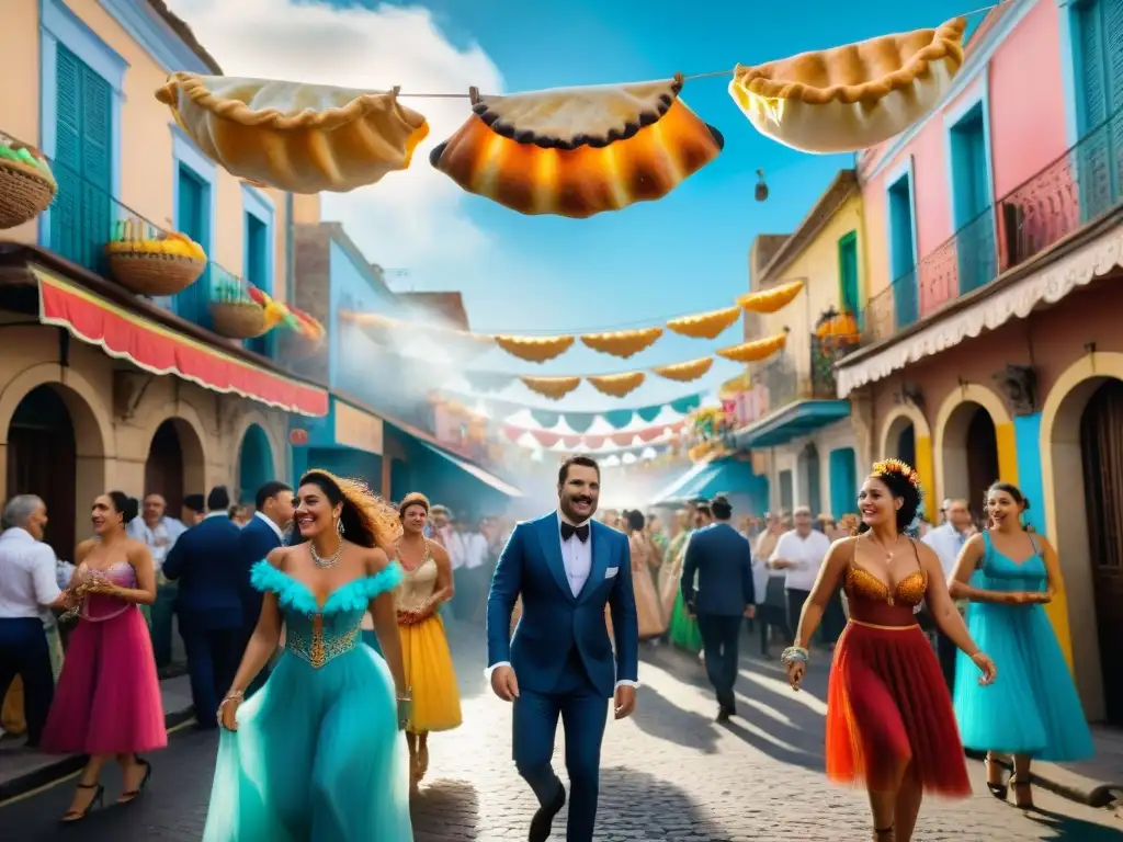 Colorido Carnaval en Uruguay: baile, música y Empanadas Criollas Vibrante escena del Carnaval en Uruguay con bailarines tradicionales y Empanadas Criollas en la mano
