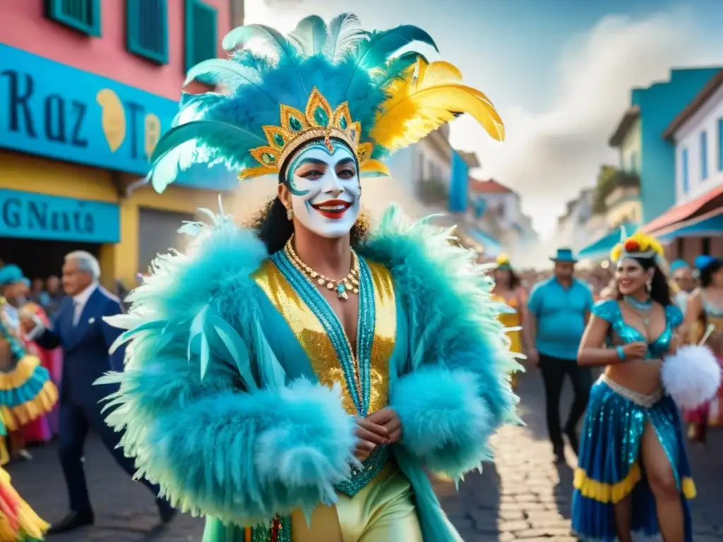 Carnaval en Uruguay: Vibrante escena callejera llena de color y energía Vibrante escena de Carnaval en Uruguay, con bailarines y espectadores