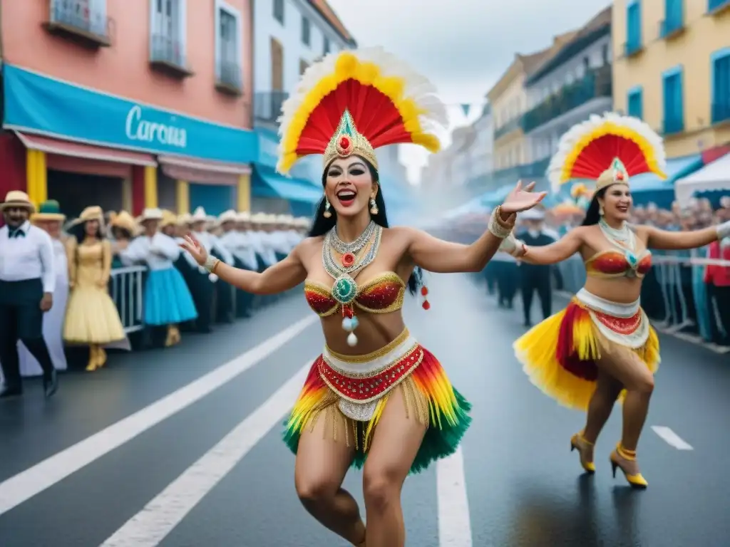 Carnaval en Uruguay: detallada ilustración acuarela de desfile vibrante Vibrante escena del Carnaval en Uruguay, con bailarines y música tradicional