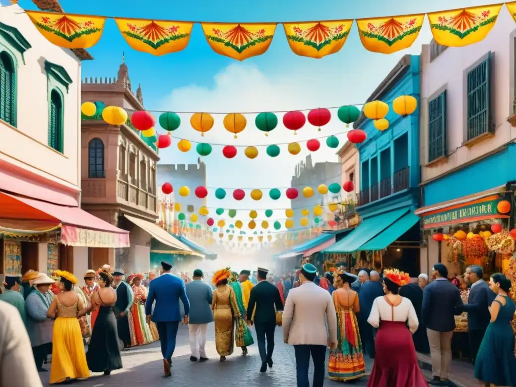 Mercado de Carnaval en Montevideo: Colorida tradición uruguaya Vibrante escena de Carnaval en Montevideo: trajes Carnaval Uruguayo artesanales en mercado bullicioso