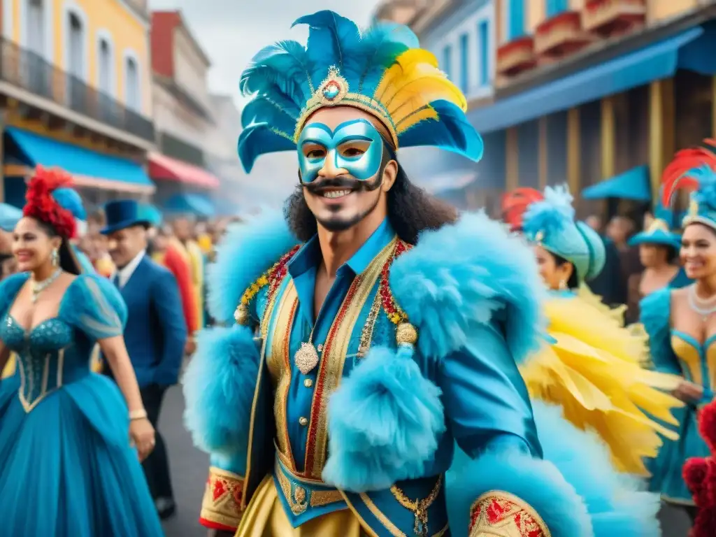 Carnaval en Uruguay: Colorida fiesta callejera Vibrante escena de Carnaval en Uruguay con carrozas, danzas y espectadores alegres
