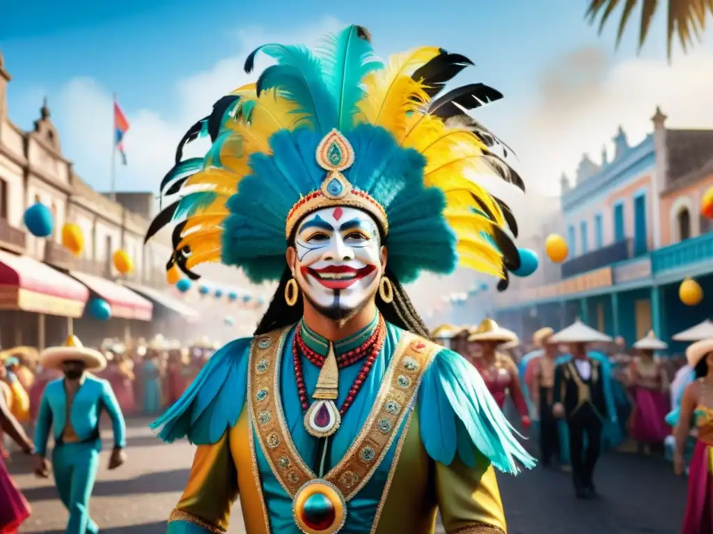 Carnaval uruguayo: pintura acuarela de escena vibrante Vibrante escena de Carnaval en Uruguay con coloridos desfiles y multitud alegre