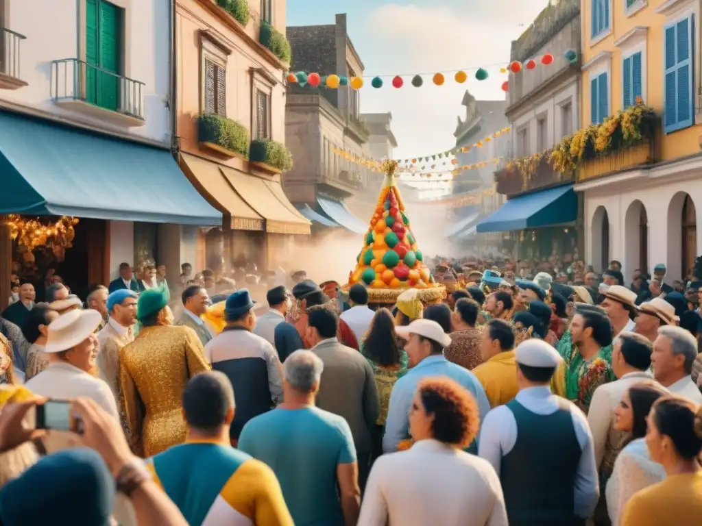 Pintura acuarela detallada del Carnaval en Uruguay Vibrante escena de Carnaval en Uruguay con coloridos desfiles y alegría en las calles