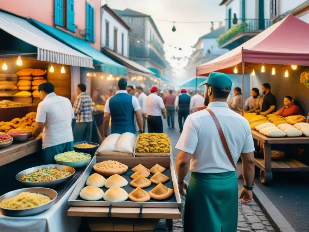 Colorida feria culinaria en Carnaval uruguayo Vibrante escena de Carnaval en Uruguay, con coloridos puestos de comida tradicional