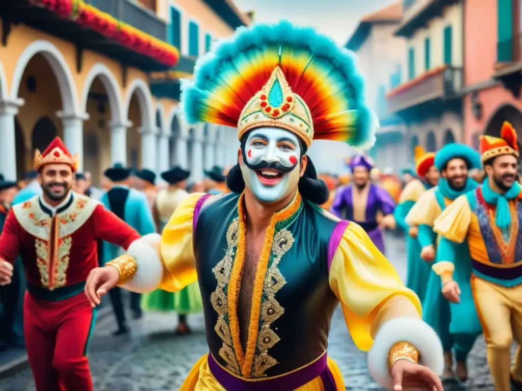 Carnaval vibrante: degustando Morcilla Dulce entre bailes coloridos Vibrante escena de Carnaval con degustación de Morcilla Dulce en medio de la celebración