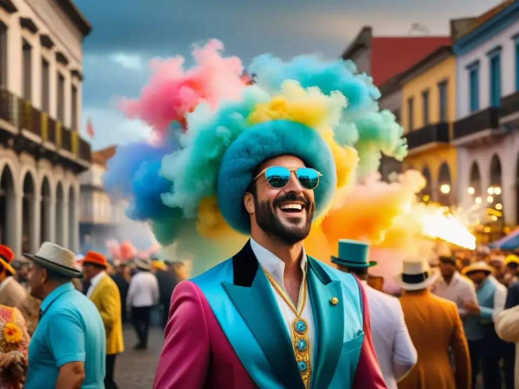 Carnaval en Uruguay: Celebración festiva llena de color y tradición Vibrante escena de Carnaval en Uruguay con desfile colorido y emprendimientos gastronómicos