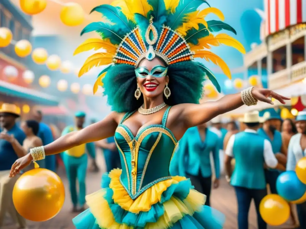 Vibrante carnaval de agua: poesía, pasión y alegría Vibrante escena de carnaval con detalles ultradetallados, música alegre y coloridos trajes, inspirados en las Huellas de Idea Vilariño Carnaval