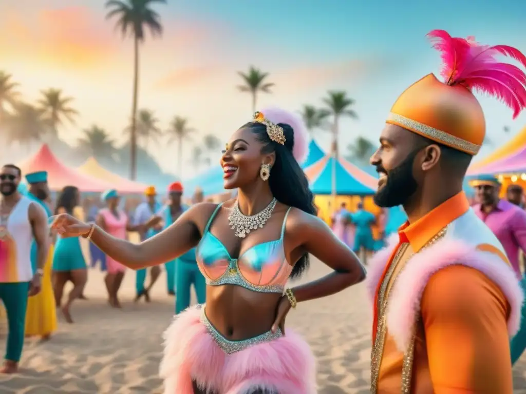 Vibrante escena de carnaval con gente colorida bailando y disfrutando de los festejos