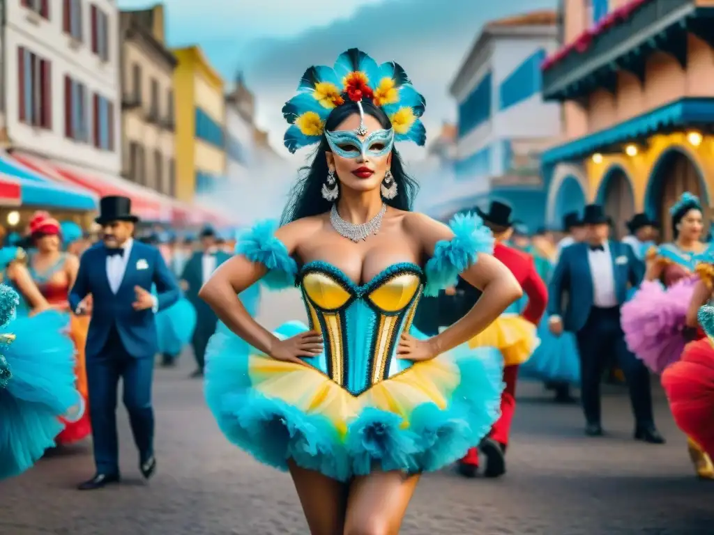 Carnaval en Uruguay: Fiesta colorida y vibrante Vibrante escena de Carnaval en Uruguay con la influencia de Carlos Gardel en la música