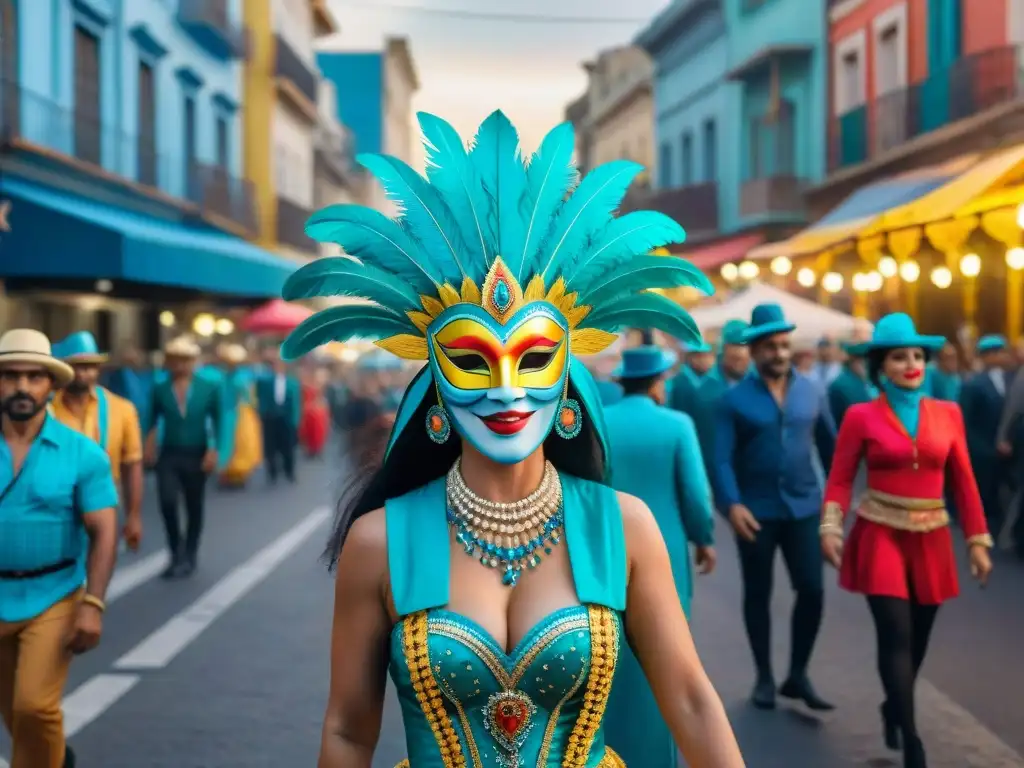 Carnaval en Montevideo: escena vibrante de máscaras y baile Vibrante escena de Carnaval en Montevideo con máscaras tradicionales y coloridos trajes
