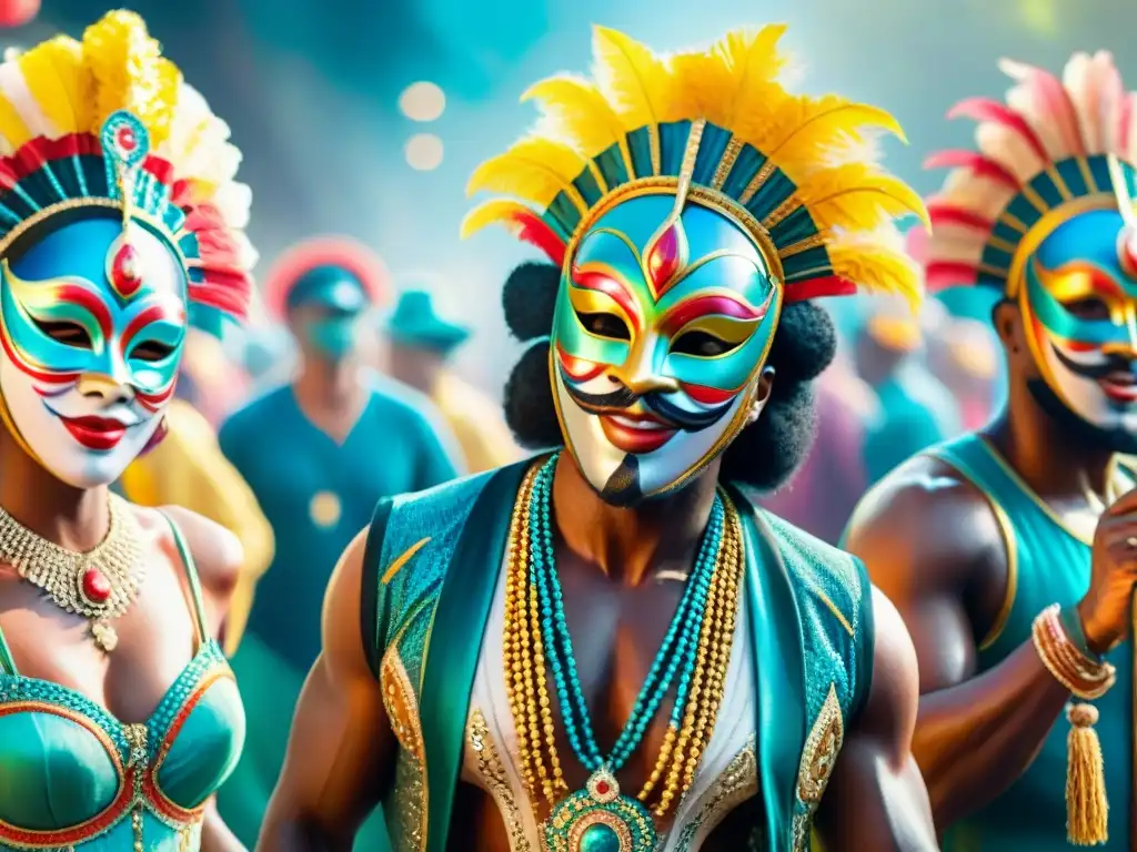 Vibrante escena de carnaval: máscaras, trajes y baile Vibrante escena de carnaval con máscaras y baile, reflejando éxito en el Mercado Carnavalero