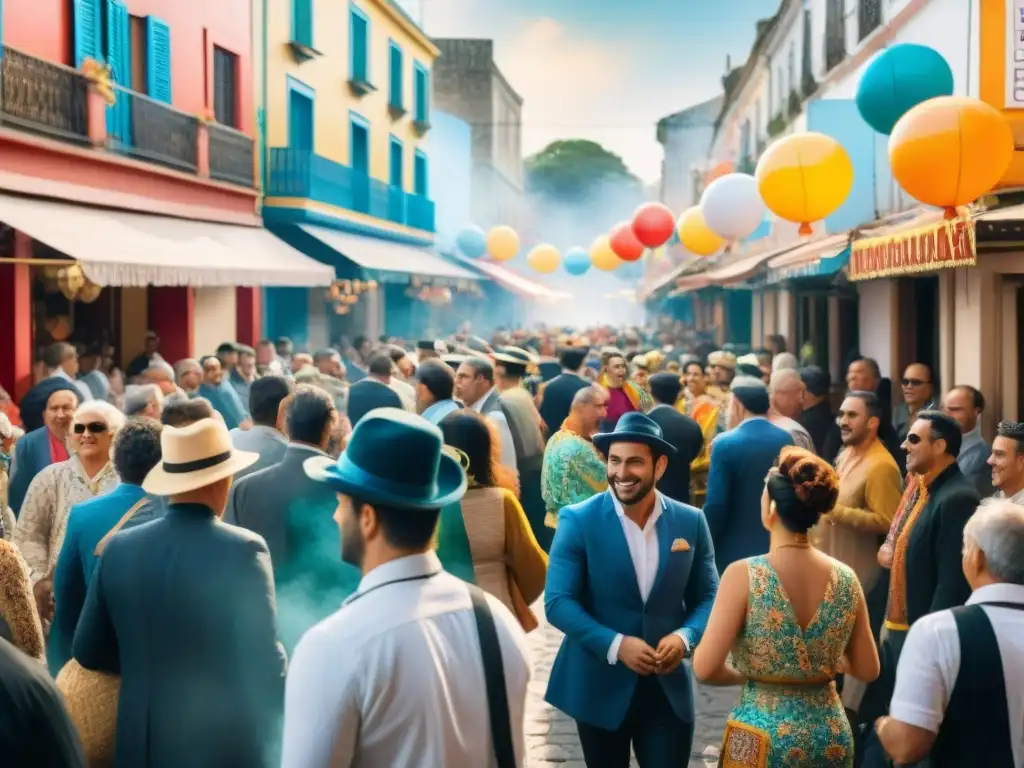Vibrante escena de carnaval en Uruguay con platos típicos y baile tradicional