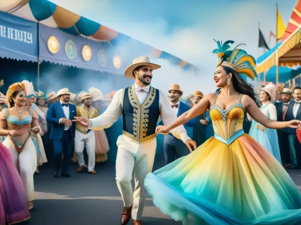 Escena vibrante del carnaval uruguayo: tablado y artistas Una vibrante escena de carnaval en Uruguay con la evolución de tablados y escenarios, artistas y audiencia disfrutando en colores acuarela