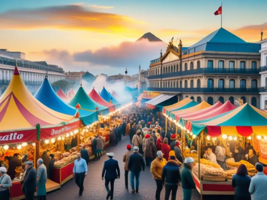 Vibrante escena de carnaval uruguayo con platos típicos y coloridos disfraces en Montevideo al atardecer