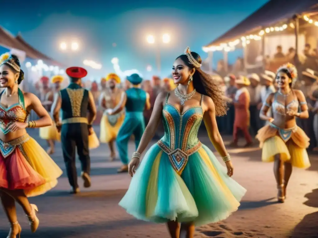 Escena vibrante de Carnaval uruguayo en acuarela 8k Vibrante escena de Carnaval Uruguayo con bailarines, música tradicional y comida de Carnaval Uruguayo bajo un cielo estrellado